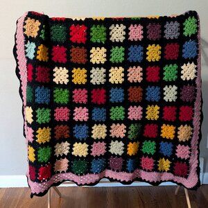 VTG Black Colorful Knit Granny Square Knit Pink Trim Handmade Throw Blanket